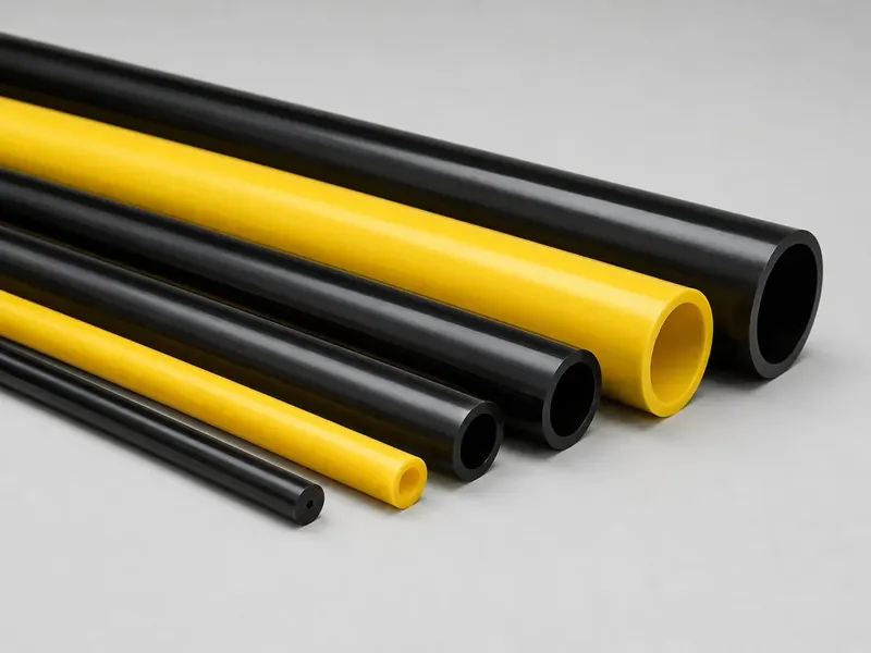 Black and yellow ABS pipes in multiple diameters