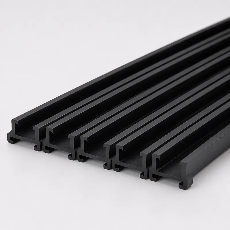 Black ABS slot profile rails arranged in parallel