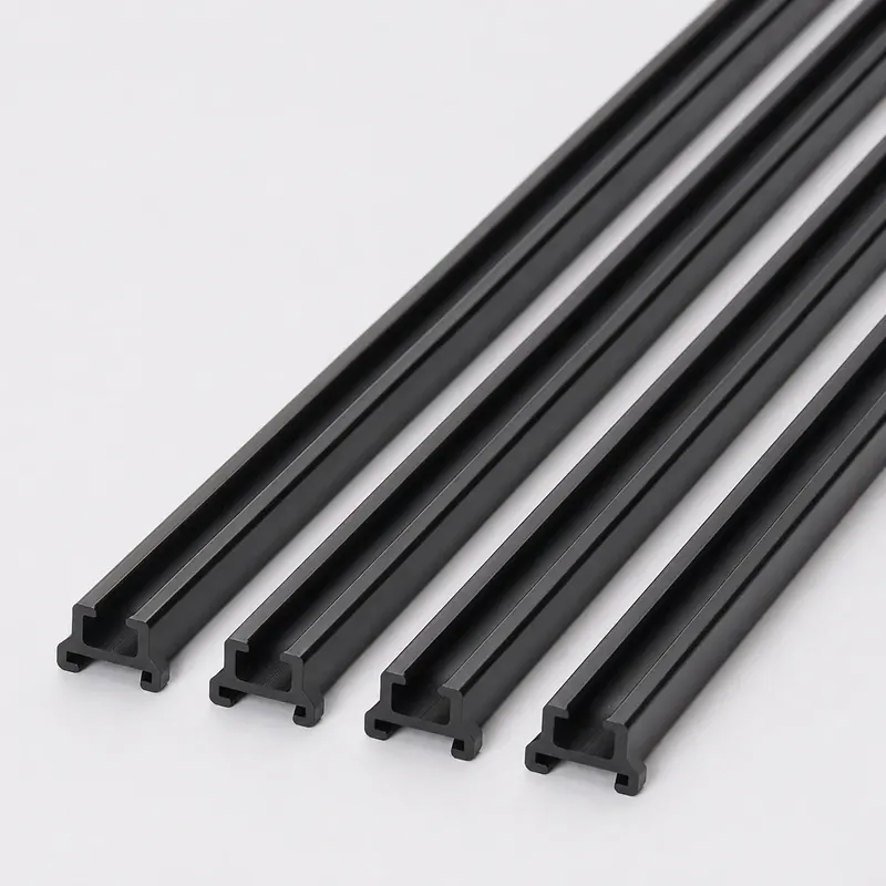 Close-up of custom black ABS guide rail profiles