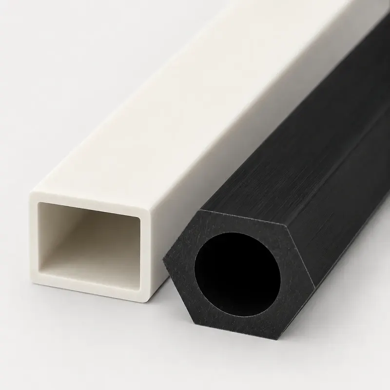 Close-up of square and hexagonal ABS tube cross sections