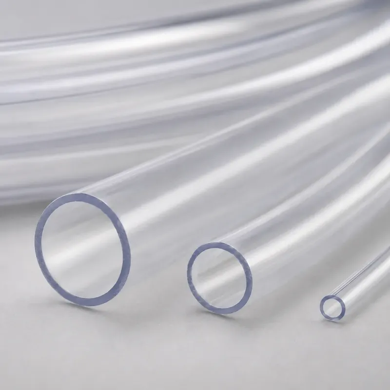 Close-up of clear PVC hose cross sections and wall thicknesses