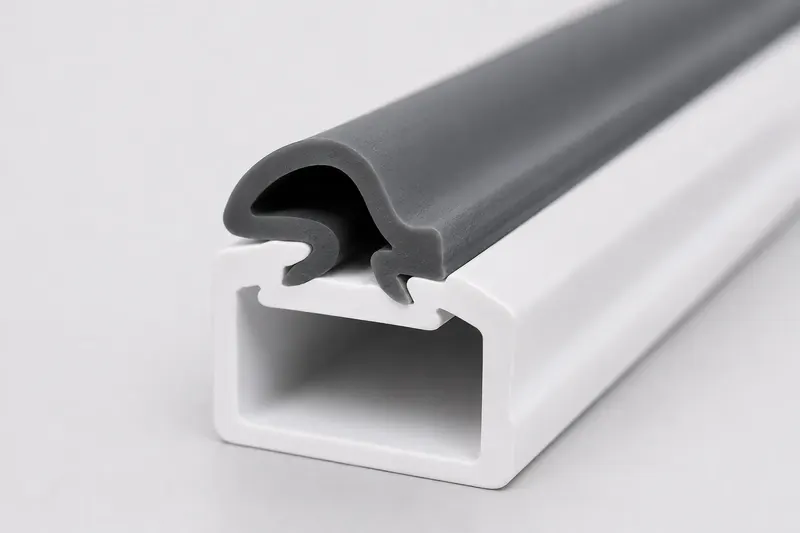 Close-up of a gray flexible seal co-extruded onto a white PVC profile