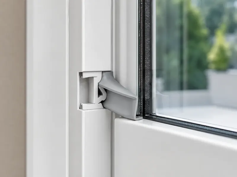 Co-extruded PVC window profile installed beside glass