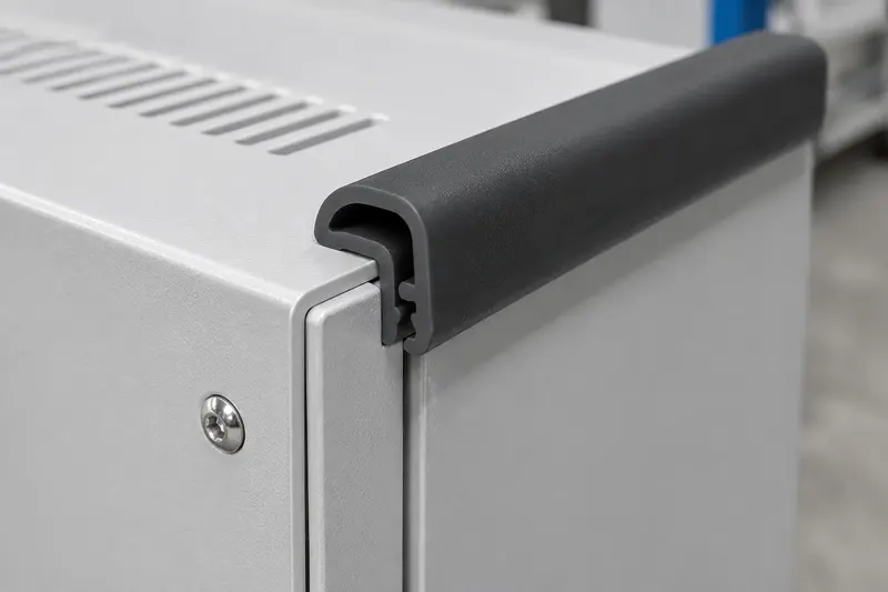 Gray and white co-extruded edge trim on an industrial cabinet