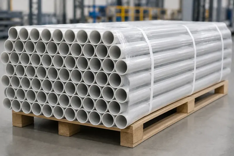 Bundled white PP round tubes prepared on an export pallet