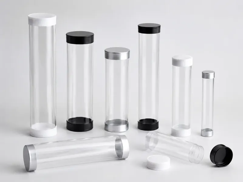 Transparent PVC packaging tubes with black white and silver end caps