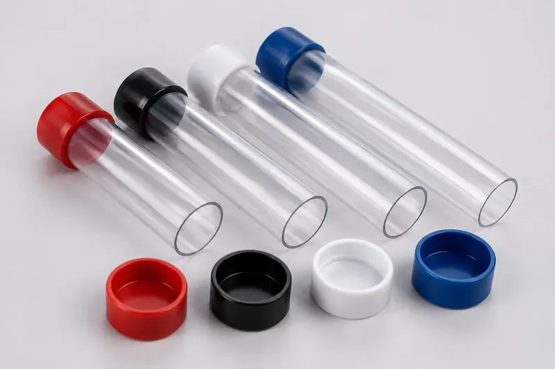 PVC packaging tubes with red blue black and white caps