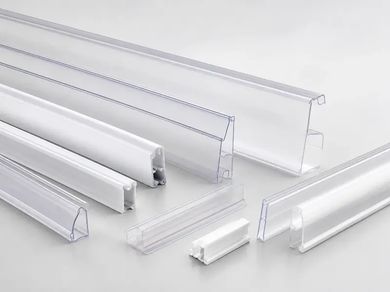 Clear PVC price label holder profiles in multiple shapes