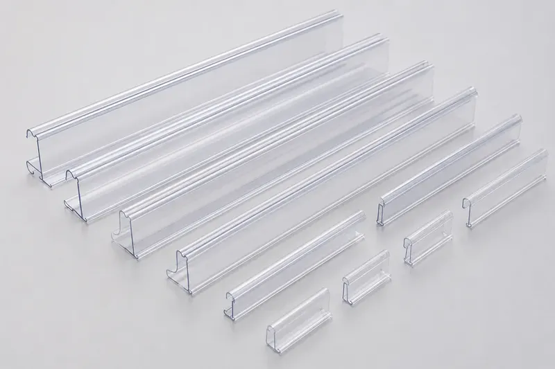 Transparent shelf label strips arranged by width and profile