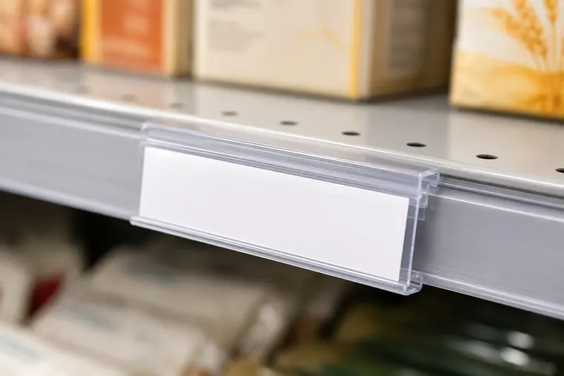 Clear price label holder installed on a supermarket shelf