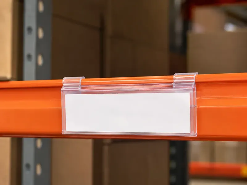PVC label holder fitted to an orange warehouse rack beam
