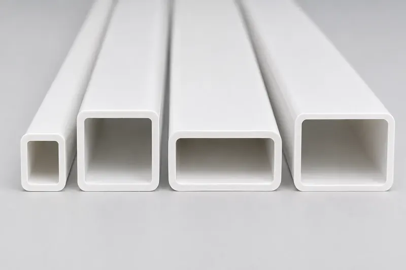 Close-up of PVC square tube cross sections and wall thicknesses