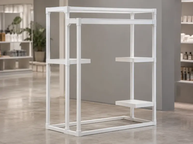 White PVC rectangular tubes assembled into a retail display frame