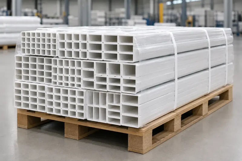 Bundled white PVC square and rectangular tubes on an export pallet