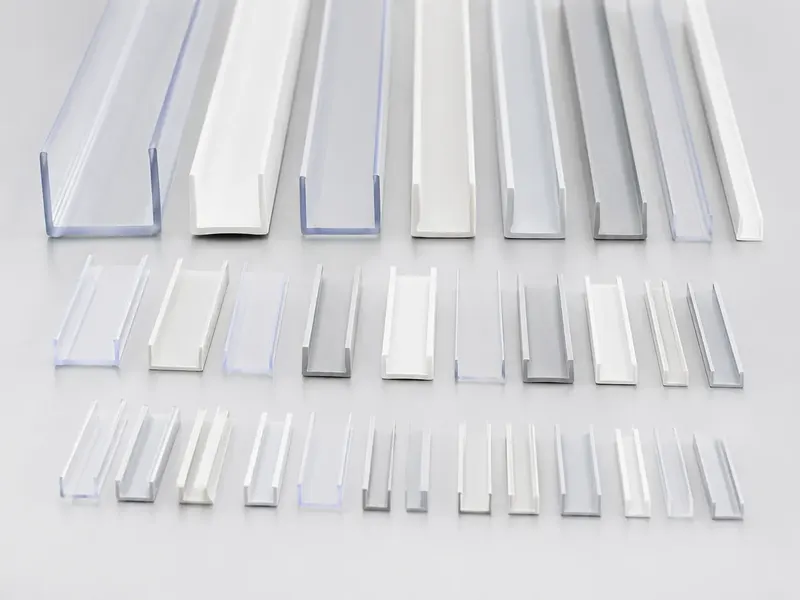 Clear and white PVC U-channel profiles arranged by width