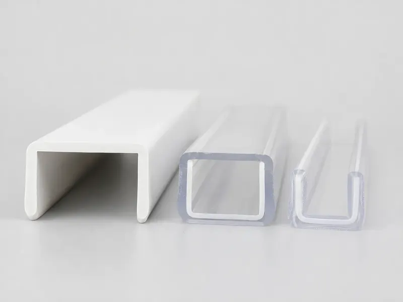 Close-up of square U-shaped and transparent PVC edge trim cross sections