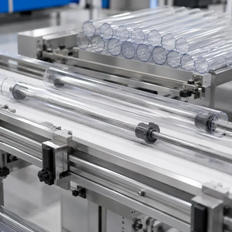 Transparent PVC rigid tubes on an extrusion production line