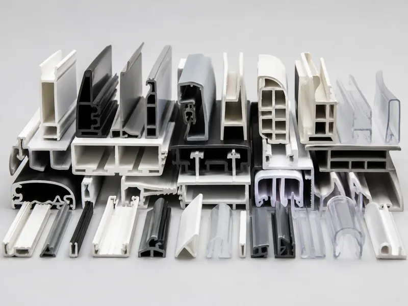 Assorted custom PVC extrusion profiles in white gray black and clear
