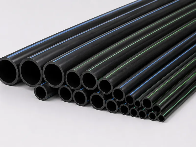 Black PE irrigation pipes arranged in multiple diameters