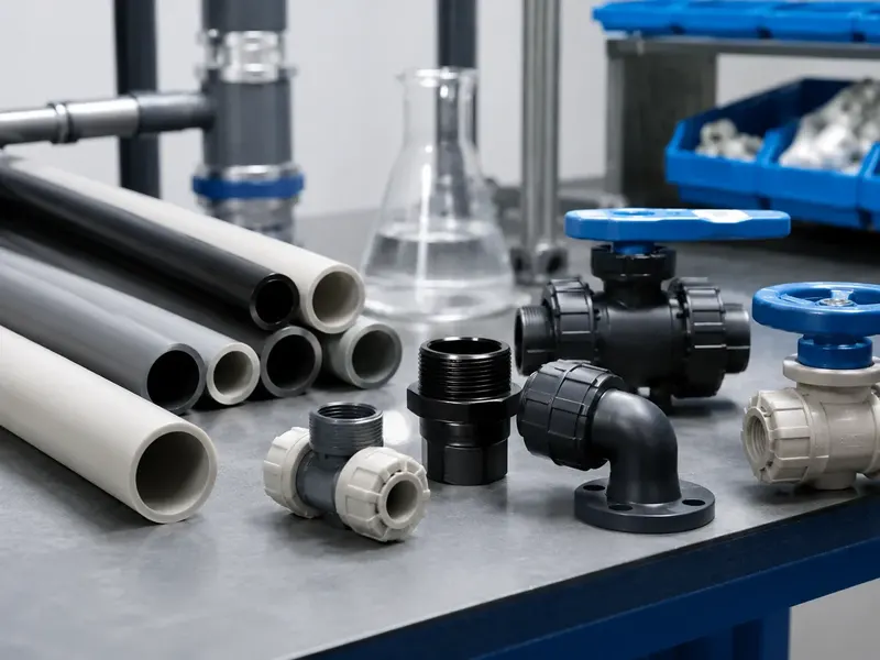 PP pipes and connection components arranged for chemical and industrial fluid systems