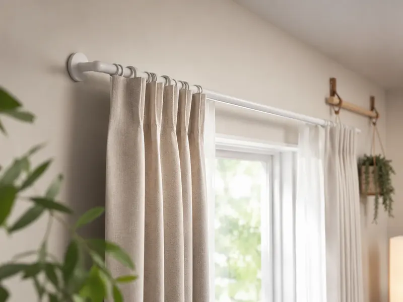 White plastic curtain rod tube installed in a lightweight interior curtain system