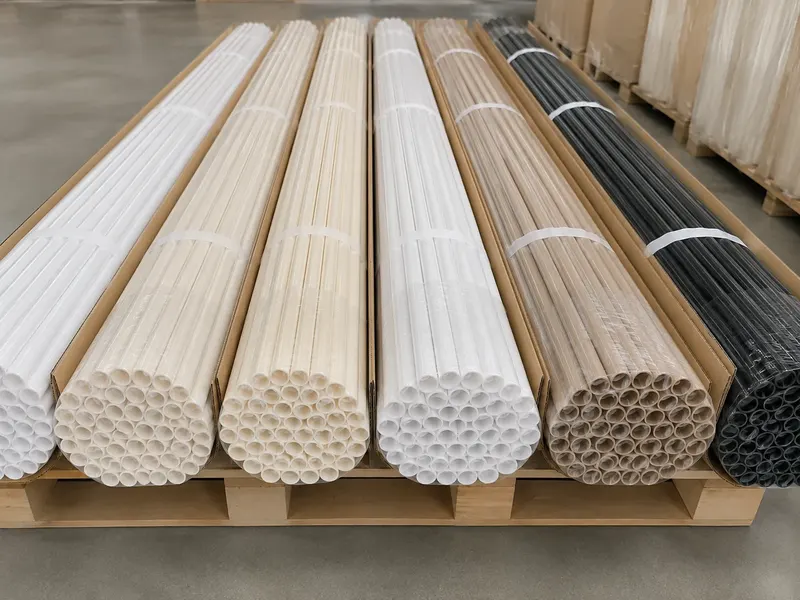 Bundled white ivory beige and black PP curtain rod tubes packed on a warehouse pallet