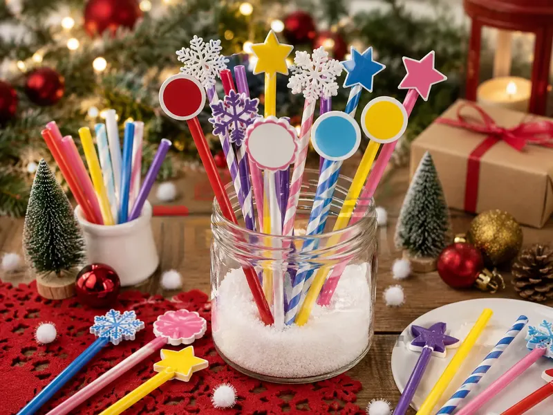 Color PP flag sticks used with reusable Christmas decorative toppers and seasonal displays