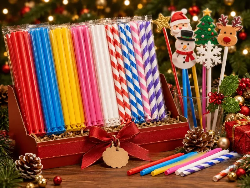 Bulk solid-color and striped PP flag sticks displayed for Christmas promotional projects
