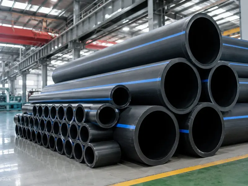 Stacked black polypropylene pipes with blue identification stripes in a factory