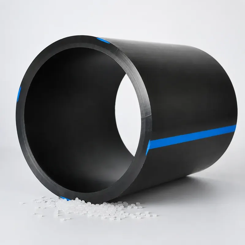 Black polypropylene pipe section with a blue identification stripe