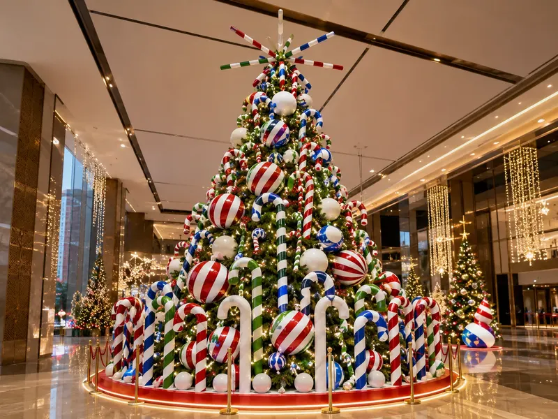 Christmas display tree decorated with candy cane striped PVC tubes