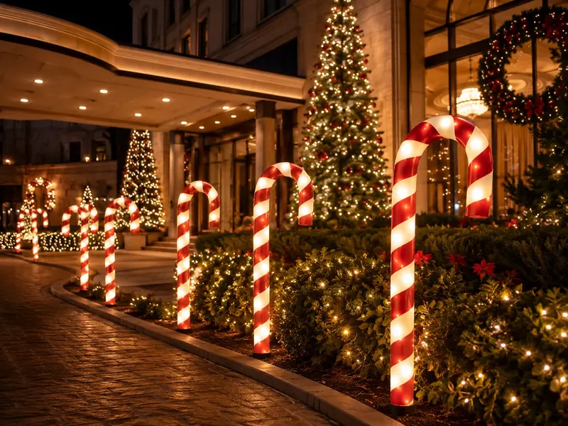 Illuminated red and white candy cane display poles along a hotel walkway