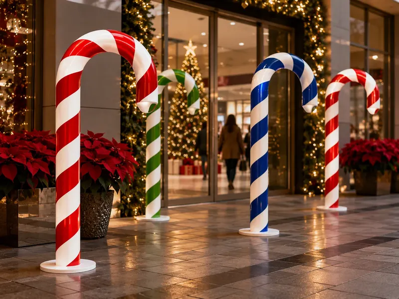 Freestanding candy cane PVC display poles at a shopping mall entrance