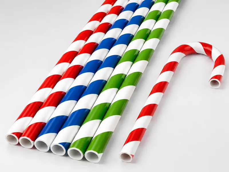 Red white blue and green striped PVC tubes with a formed candy cane sample