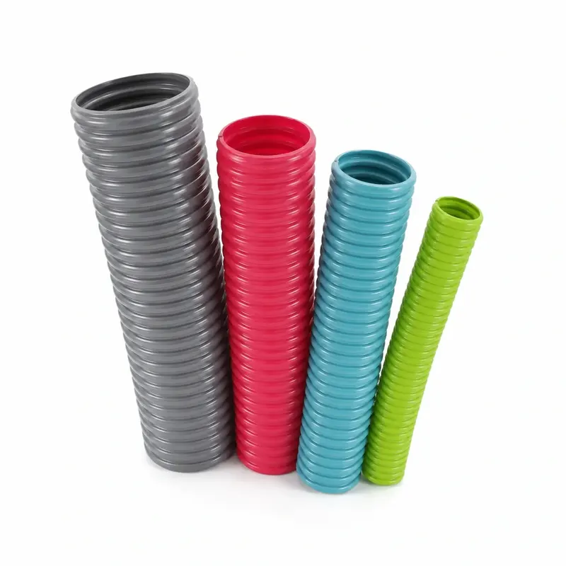 Colored corrugated PVC hose cut lengths arranged upright