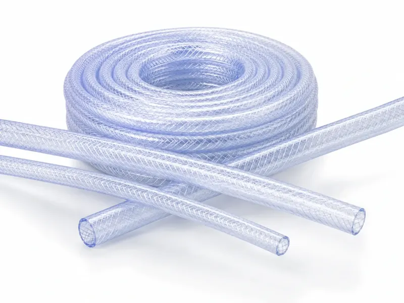 Braided transparent PVC hose coil with cut samples