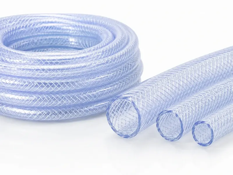 Close-up of clear reinforced PVC hose cross sections