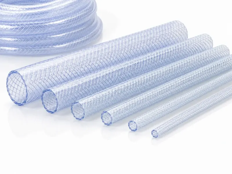 Fiber-reinforced PVC hoses arranged by diameter