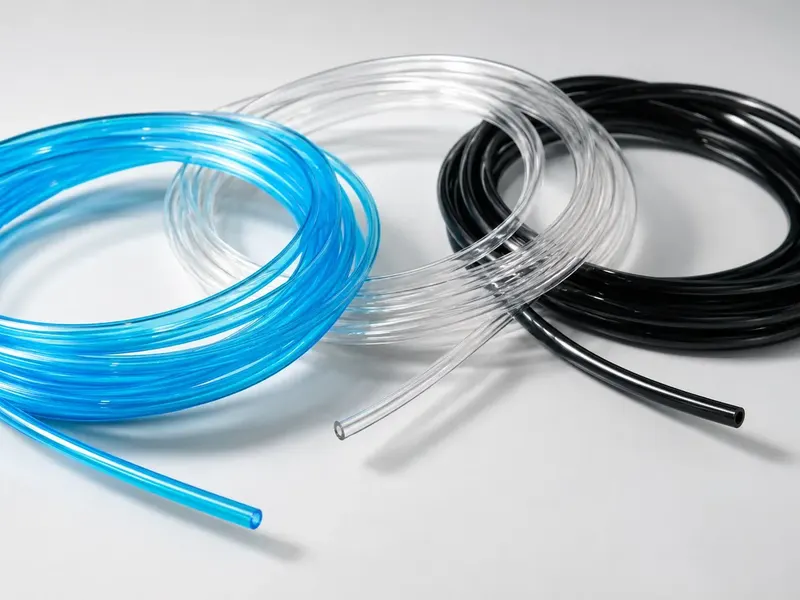 Blue clear and black PVC tubing coils for industrial routing