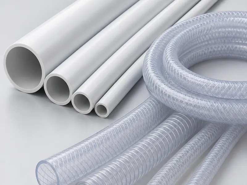 Rigid PVC pipes and clear flexible PVC hoses in multiple colors and diameters