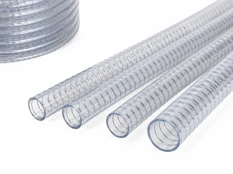 Close-up of clear PVC steel wire hose cut lengths