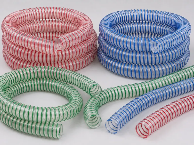 Red blue and green two-color spiral reinforced PVC hose coils