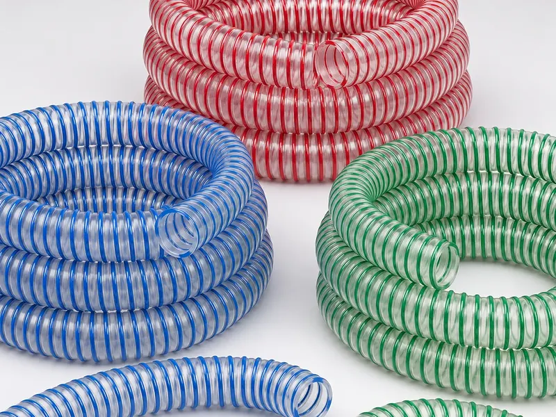 Blue red and green striped PVC flexible hoses arranged by size