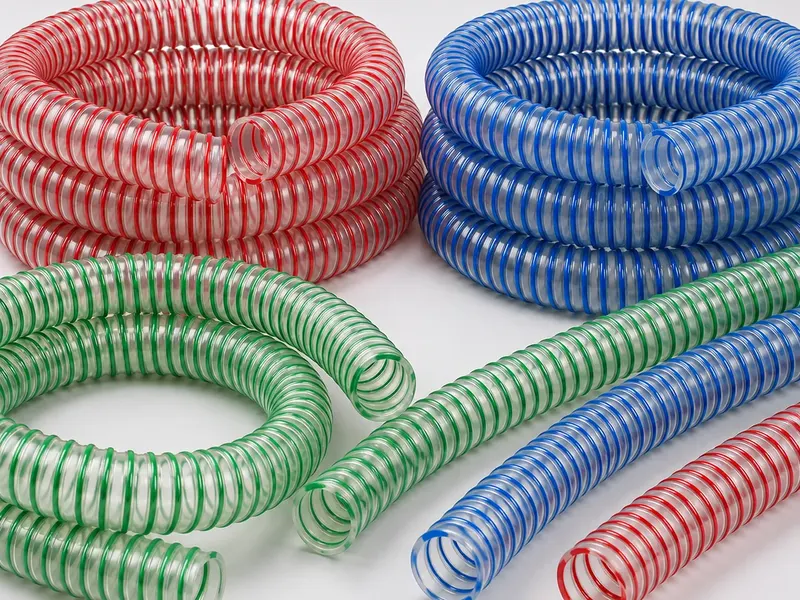 Colored striped PVC reinforced hose assortment on a white background