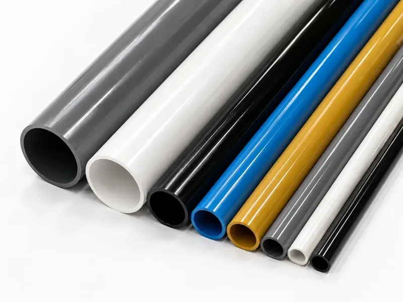 Rigid PVC pipes in gray white black blue yellow and silver